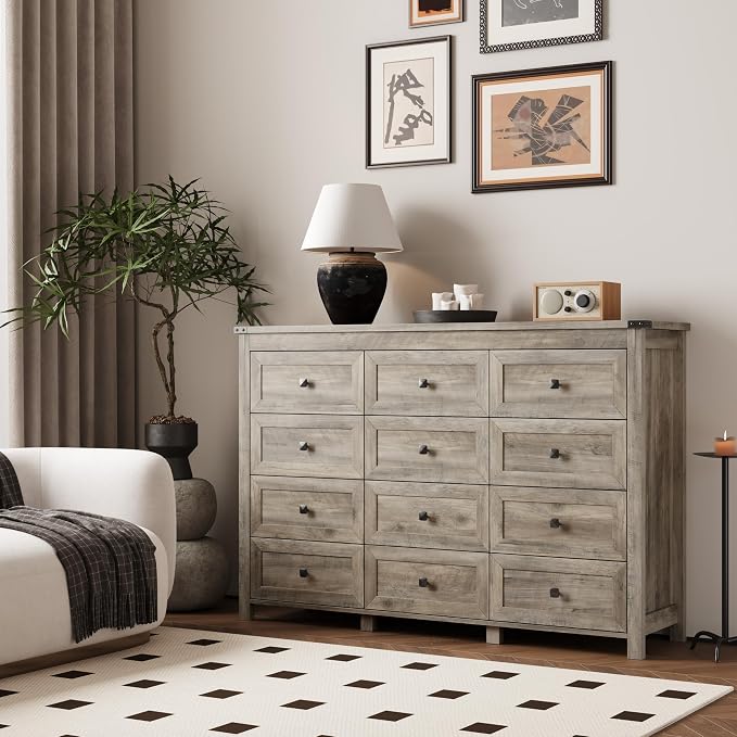 Dresser for Bedroom with 12 Drawers, Farmhouse Wood Chest of Drawers, Wide TV Stand Closet Storage Furniture with Metal Handle, Modern Clothes Organizer for Hallway, Living Room, Entryway, Light Grey - Image 2