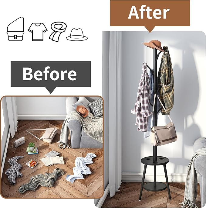 FILWH Freestanding Coat Rack with Umbrella Organizer Tray Bamboo Coat Tree Rack with 8 Hook Stand for Clothes Bag Hats Entryway Hanger Stand(Black) - Image 5