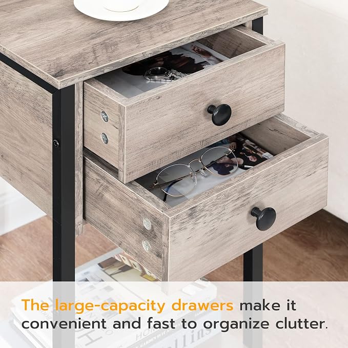 HOOBRO Tall Nightstand, End Table with 2 Drawers and Storage Shelf, Industrial Telephone Side Table for Study, Bedroom, Space Saving, Easy Assembly, Greige and Black BG72BZ01 - Image 6