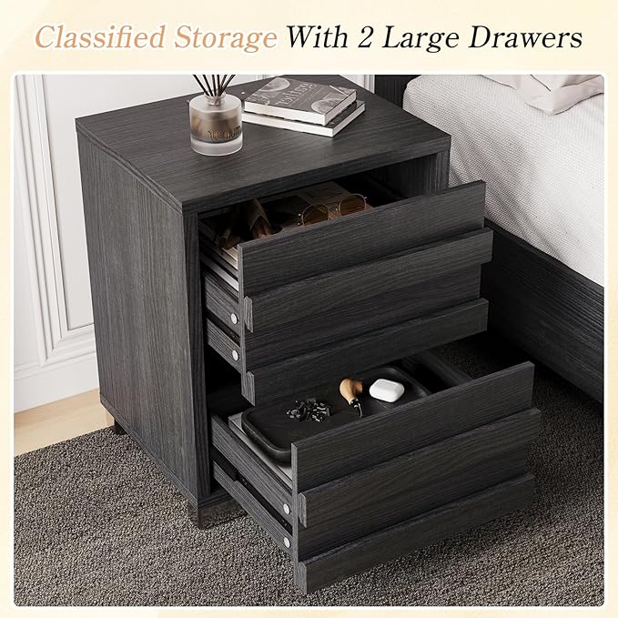 LUXOAK 3 Pcs Bedroom Furniture Set - Includes Farmhouse 6 Drawer Dresser and Nightstand Sets of 2 with Charging Station, Slated Handles & Stainless Steel Feet, Black