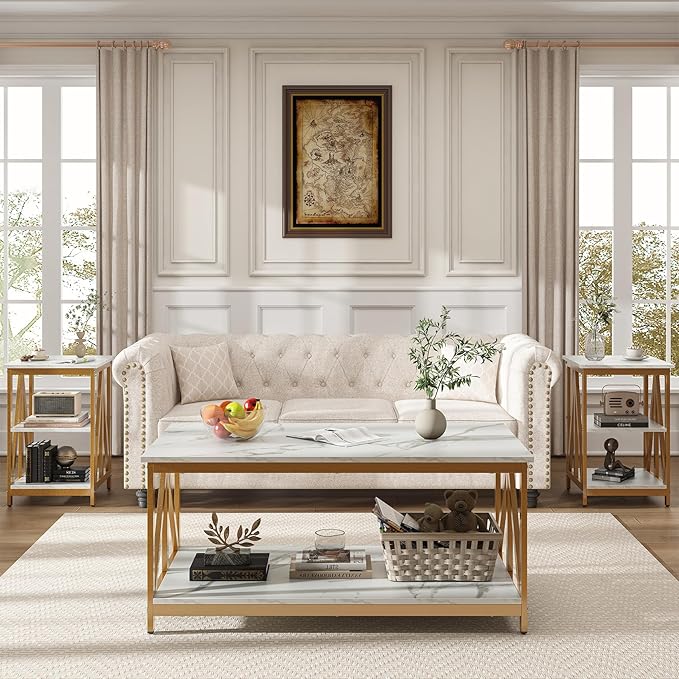 Bigbiglife Living Room Coffee Table Set of 3, Industrial X-Design Coffee Table and 2 End Side Tables, 3 Piece Living Room Table Set with Large Storage for Apartment Home (Marble White)