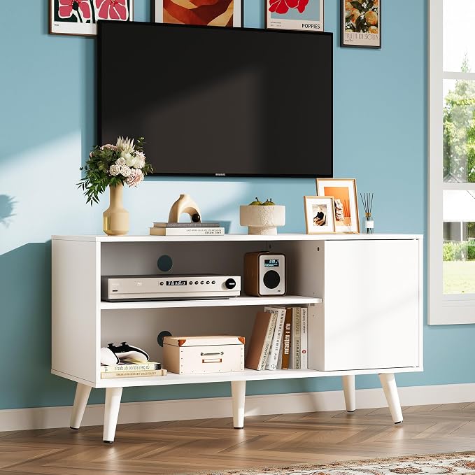 WLIVE TV Stand for 43 Inch TV, Small Entertainment Center with Storage Cabinet & Adjustable Shelves, Mid-Century Modern TV Stands for Living Room and Bedroom, TV Console Suit 32 Inch TV, White - Image 2