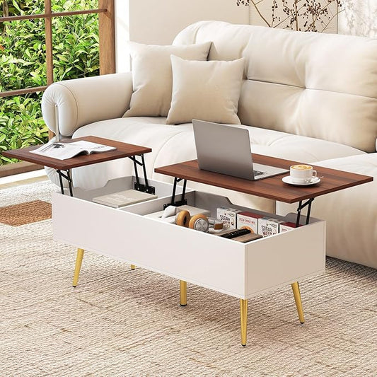 Tangkula Lift Top Coffee Table, Mid Century Modern Center Table with Split Top & 2 Hidden Compartments, Rectangle Accent Table with Tapered Metal Legs for Living Room (Walnut+White+Gold)