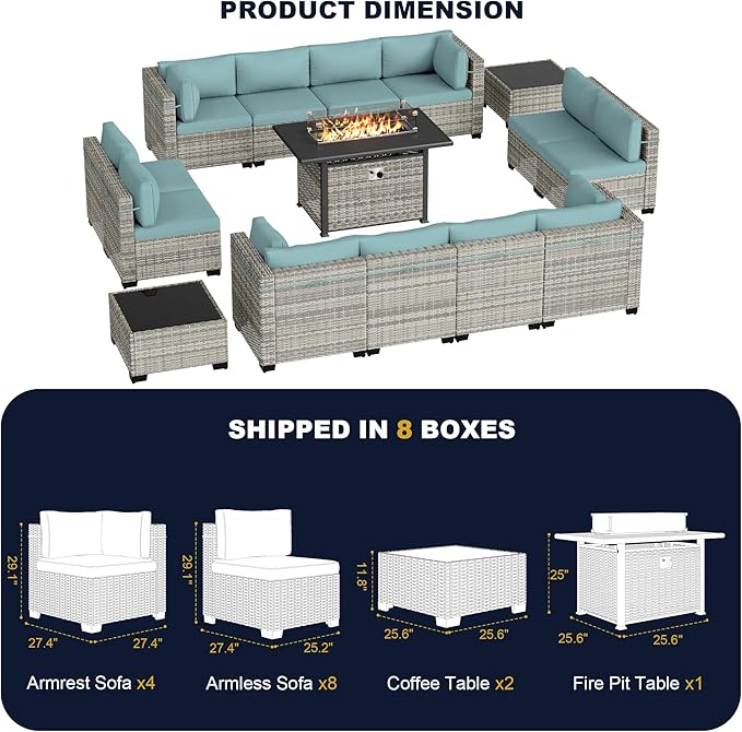 15-Piece Outdoor Patio Furniture Set with 55,000 BTU Fire Pit Table, PE Wicker Rattan Sectional Sofa Conversation Set - All-Weather Garden, Backyard Furniture, Light Blue