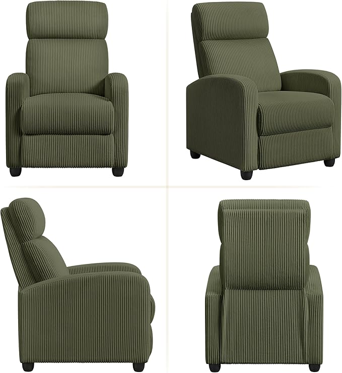 Topeakmart Corduroy Recliner Sofa Mid-Century Recliner Chair Single Reclining Chair Upholstered Sofa for Living Room Bedroom Home Theater Dark Green