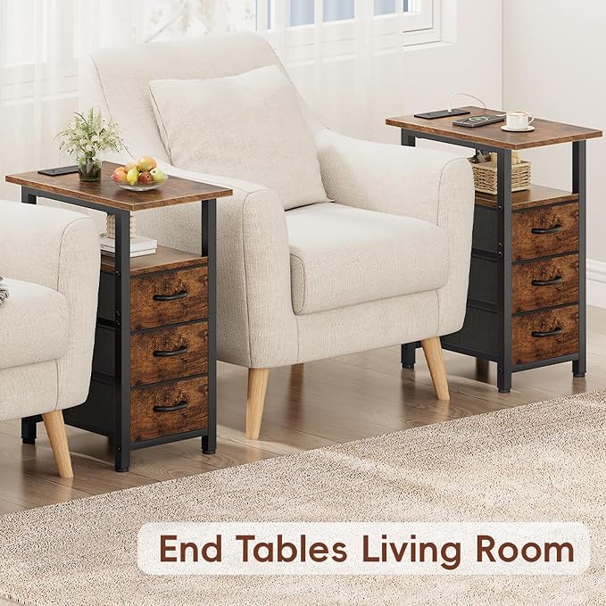 Vagusicc End Table with Charging Station, Narrow Side Table, Narrow Nightstand with 3 Fabric Drawers, Slim Sofa Side Table for Small Spaces, Small Night Stand for Bedroom, Rustic Brown - Image 4