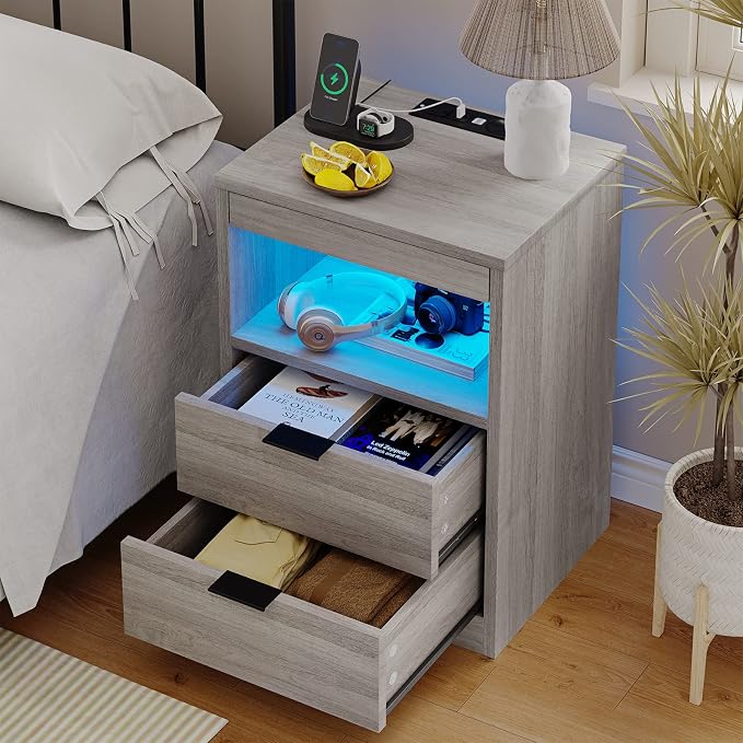 Tiptiper LED Nightstand with Wireless Charging Station, Farmhouse Nightstand with LED Light, Rustic End Table Side Table with Drawers, Pull-Out Tray and Open Storage, Grey Wood Grain - Image 2