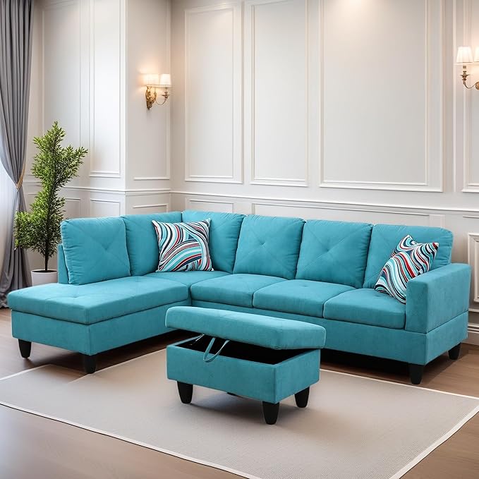 FONTOI L Shaped Sectional Couch Sofa, Modern Couches for Living Room, Comfy 4 Seat Modular Sectional Sofa with Ottoman Storage for Bedroom Apartment, Blue
