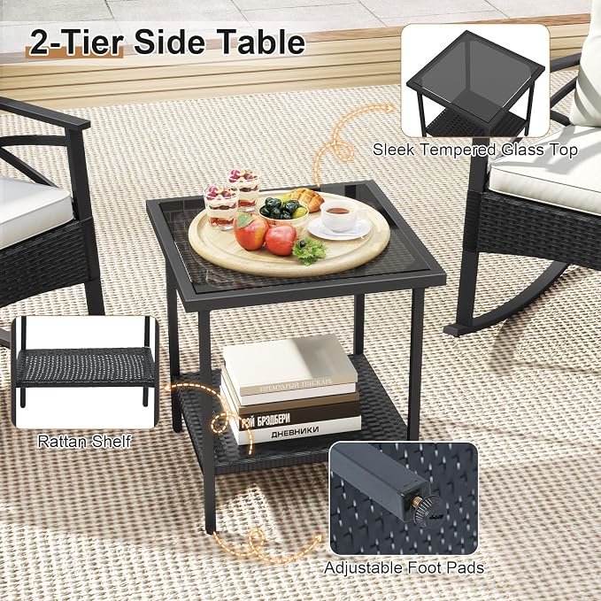 Tangkula 3 Pieces Outdoor Rocking Chairs Set, Rattan Heavy Duty Cushioned Rocker Chairs with 2-Tier Tempered Glass Coffee Table, for Garden, Balcony, Backyard (Black+Beige) - Image 8