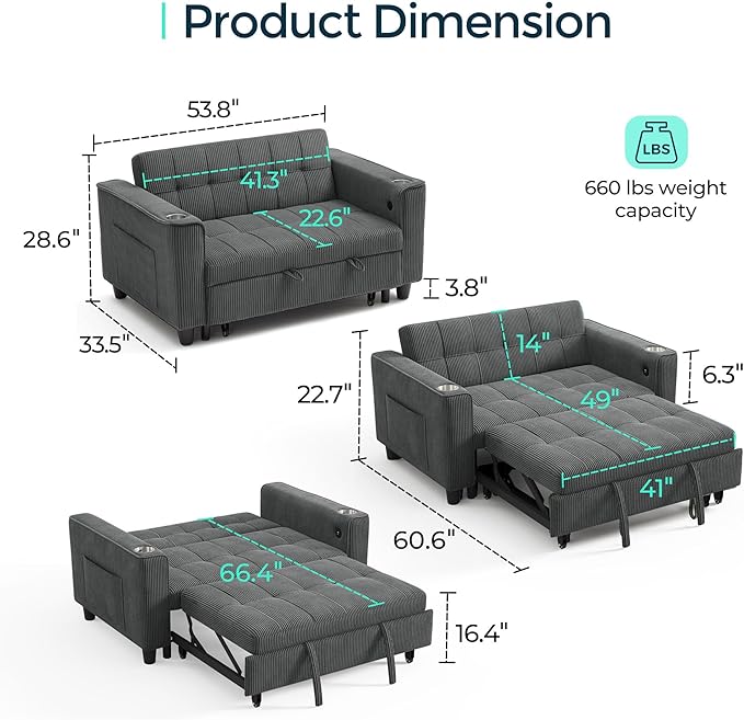 LINSY Sleeper Sofa Bed, 54" Pull Out Couch with Charging Station & Cup Holder, Small 3 in 1 Convertible Loveseat Sleeper Couch for Apartment, Dorm Room, Bedroom and Small Space, Corduroy Gray