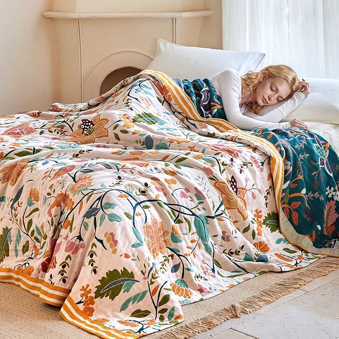 Boho Throw Blanket - 50"x60" 100% Cotton Ultra Soft Lightweight Blanket, 4-Layer Breathable Muslin Spring Blankets for Bed Couch, Reversible Green Floral Printed Bohemian Cotton Quilt