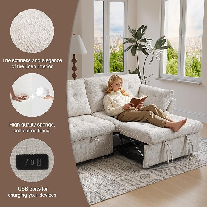 Casaphoria 3 in 1 Sofa Bed with Wheels & USB Port – Convertible Sleeper Sofa L-Shaped Pull-Out Bed for Living Room Apartment 3-Seater Couch in Beige