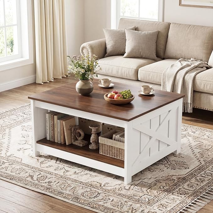 Giantex Farmhouse Coffee Table, 31 Inch Square Wood Coffee Table with Storage Shelf, 2-Tier Vintage Center Table with Open Compartment, Rustic Living Room Table for Home Office, White & Brown