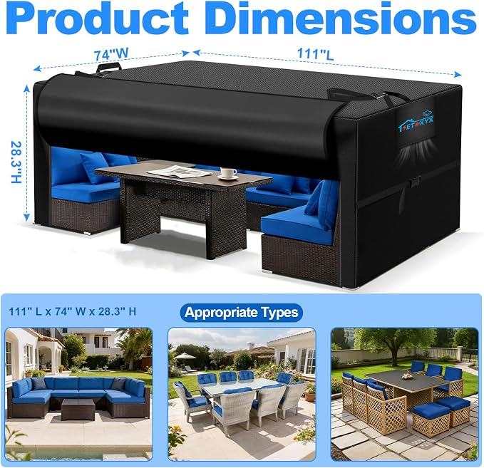 Patio Furniture Covers Rectangle, 600D Outdoor Furniture Covers, Waterproof Patio Table and Chair Set Cover with Flip-Open Zipper Design, Windproof Buckle Straps, 111" L x 74" W x 28.3" H - Image 3