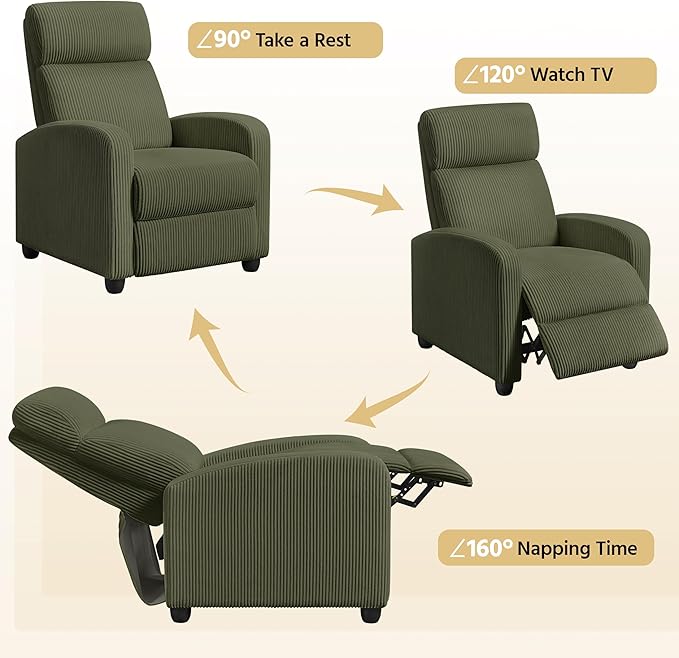 Topeakmart Corduroy Recliner Sofa Mid-Century Recliner Chair Single Reclining Chair Upholstered Sofa for Living Room Bedroom Home Theater Dark Green