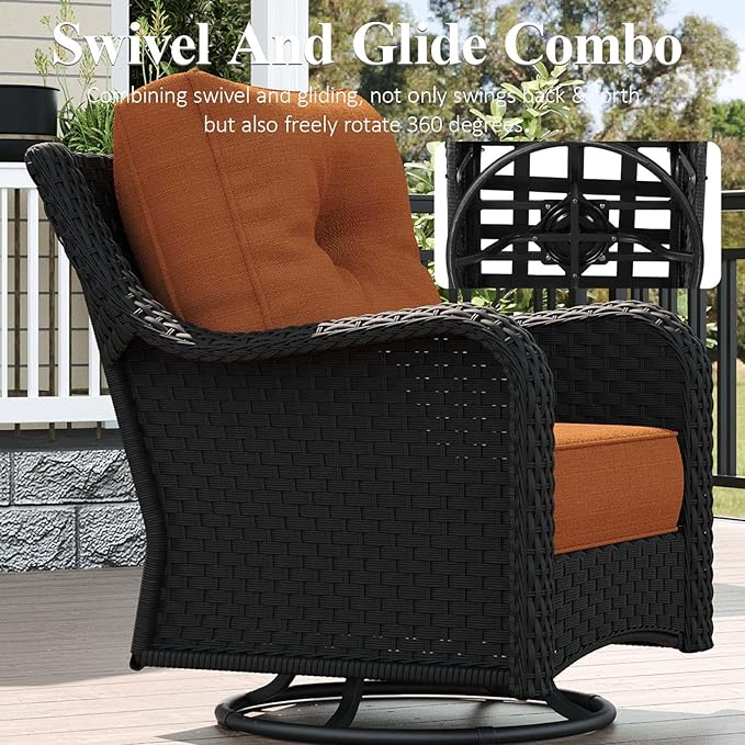LayinSun 6 Piece Wicker Outdoor Furniture Set with 6-inch Comfy Cushions, High Back Patio Furniture Set with Swivel Rocking Chairs and Side Table