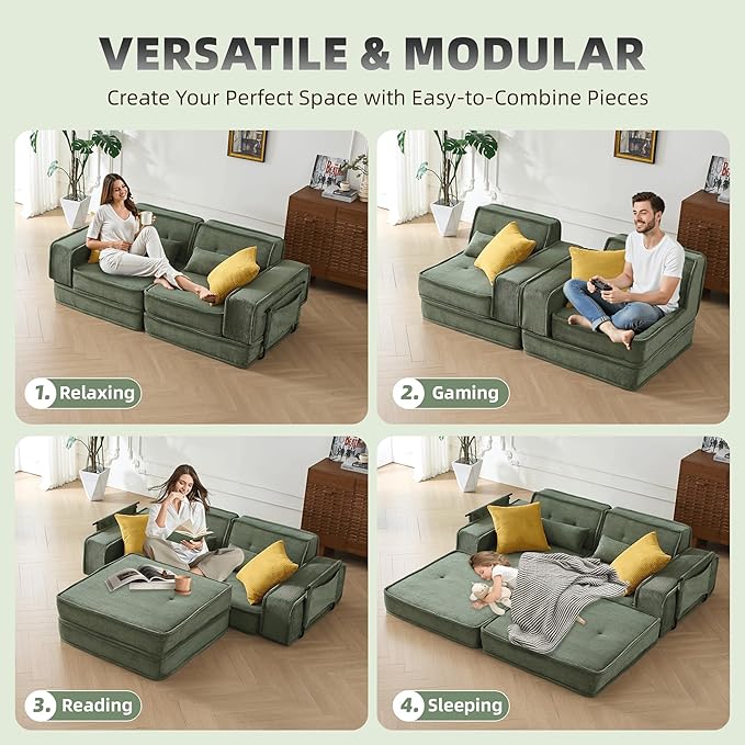 Modular Sofa Bed, No Assembly Required Sectional Couch for Living Room, Compressed Cloud Couch with Corduroy Fabric & Lumbar Pillows, Small Space Furniture Green