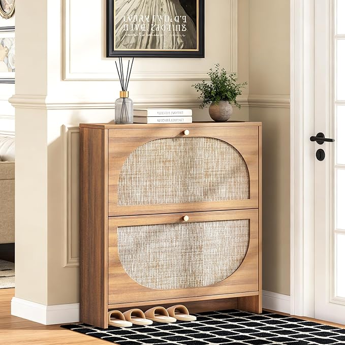 Nicetree Freestanding Ultra Slim Arched Rattan Accent Shoe Storage Cabinet for Entryway - 2 Flip Drawers & 3-Tier Adjustable Shelves, Farmhouse Modern Rustic Shoe Rack for Hallway Foyer,Oak by Nicetree