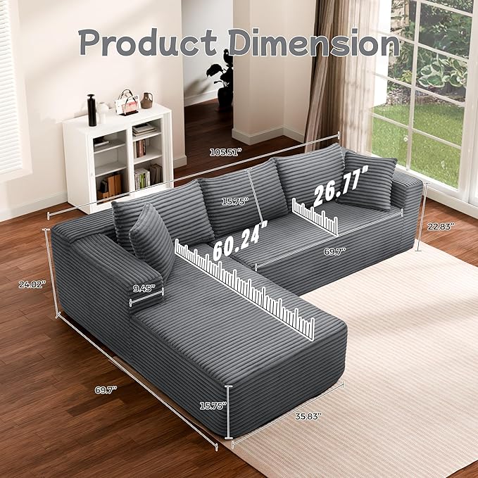 Cloud Sectional Couch, 105” Fluffy Modular L-Shape Sofa with Right Chaise Lounge, Modular Sectional Sofa in a Box, Boneless Couch for Living Room, No Assembly Required, Flannel Gray