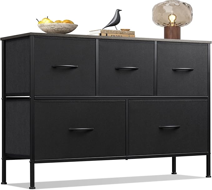 WLIVE Dresser for Bedroom with 5 Drawers, Long Fabric Dresser, Chest of Drawers, Storage Drawer Unit with Fabric Bins for Closet, Living Room, Hallway, Charcoal Black, Size L by WLIVE