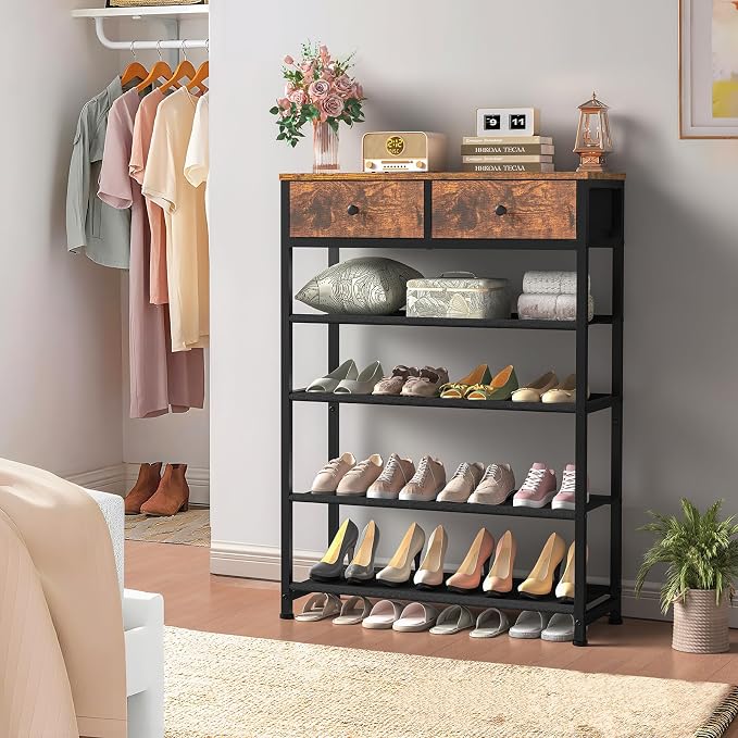 usikey Shoe Rack, 5 Tier Shoe Storage Organizer with 2 Drawers, Metal Shoe Shelf for 12-16 Pairs of Shoes, with 4 Oxford Fabric Shelves and Wooden Top, Shoe Stand for Closet Entryway, Rustic Brown - Image 4