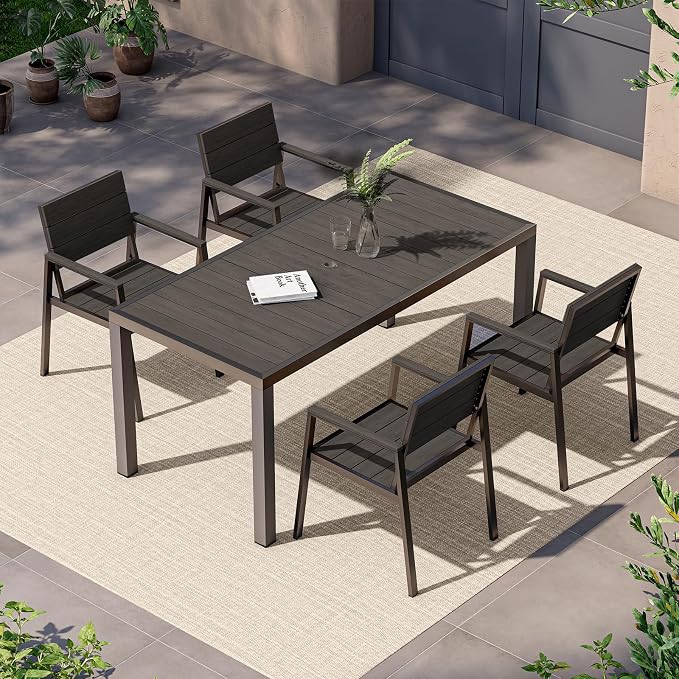 Vexwalx 5-Piece Outdoor Dining Set, Aluminum Dining Table Set for 4, Patio Table and Chairs Set with Umbrella Hole, All Weather HDPS Outdoor Table and Chairs for 4 (Charcoal) by Vexwalx