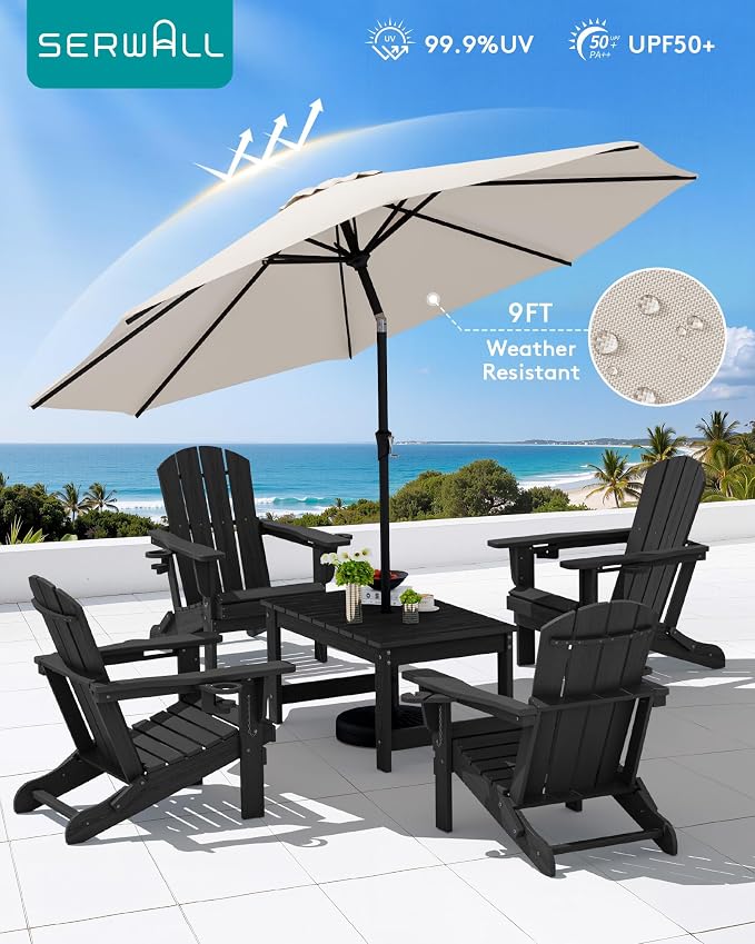 SERWALL Outdoor Coffee Table with 9FT Umbrella, HDPE Patio Coffee Table for Outside, Rectangle, Black(Not Include Umbrella Base) - Image 4