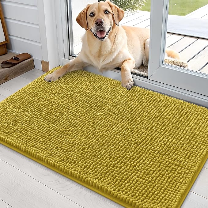 OLANLY Dog Door Mat for Muddy Paws 36x24, Absorbs Moisture and Dirt, Absorbent Non-Slip Washable Doormat, Quick Dry Chenille Mud Mat, Entry Indoor Entryway Carpet for Inside Floor, Mustard Yellow by OLANLY