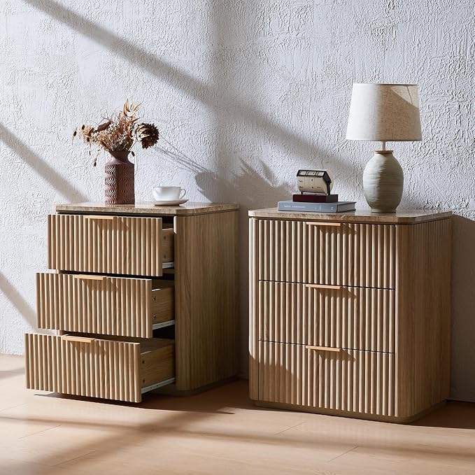 Fluted Nightstand Set of 2, 23" W Night Stand with 3 Drawers, Wood Bed Side Table with Faux Marble-Top, Curved Corner, Metal Handle, Modern Bedside Table for Bedroom, Living Room, Office, Natural Oak - Image 8