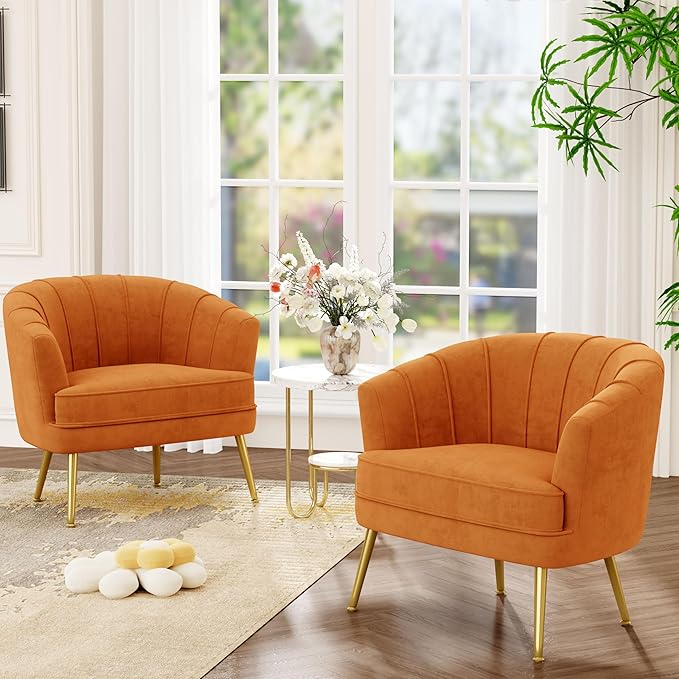 Andeworld Velvet Accent Chair Set of 2, Upholstered Modern Single Sofa Side Chair,Comfy Barrel Club Living Room Armchair with Golden Metal Legs for Bedroom Living Reading Room Office, Orange