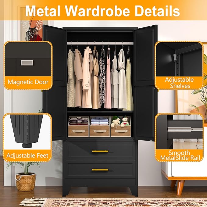 Ckzbx 71" H Metal Armoire Wardrobe Closet with Mirror, Adjustable Shelve, Clothes Drying Pole, Steel Wardrobe Cabinet for Bedroom (Black 2 Drawers)
