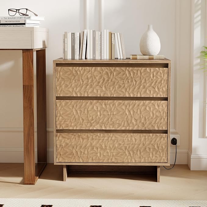 Miereirl Nightstands with Charging Station, Modern Nightstand with 3 Drawers, 26.5" W Wooden End Side Table for Bedroom, Natural Oak - Image 7