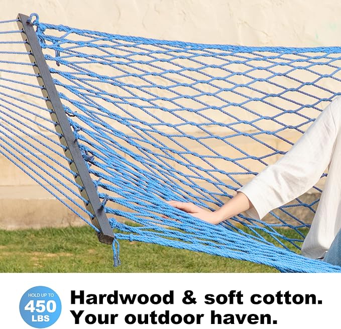 GAFETE Single Rope Hammocks for Outside, Traditional Hand Woven Cotton Hammock with Hardwood Spreader Bar, Max 450 lbs Capacity (Lake Aqua, Small) - Image 3