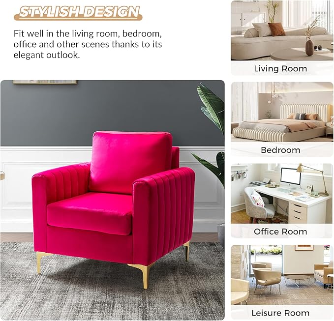 HULALA HOME Velvet Accent Club Chairs Set of 2, Modern Velvet Armchair Upholstered Accent Club Chairs Sofa Chairs with Gold Metal Legs Mid-Century Barrel Leisure Comfy Reading Armchair, Fuchsia