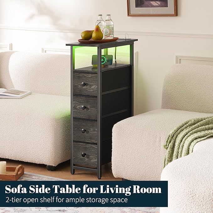 Yoobure LED Narrow Nightstand with Charging Station - Slim Dresser for Bedroom Narrow Side Table Storage Cabinet, Small Dressers Chest of Drawers, Tall Skinny Night Stand End Table for Small Spaces - Image 6