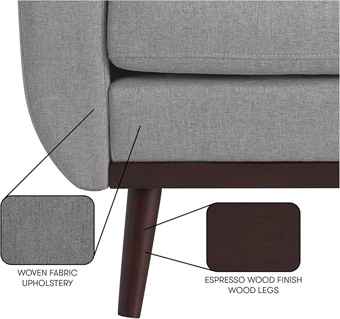 Serta® David 61.2" Modern Sofa, Tufted Back Cushion, Rounded Arms, Solid Wood Legs, Dream Coil® Comfort, Woven Polyester Fabric, Gray