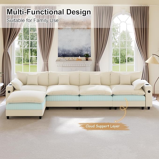 152" Modular Sectional Sofa, L Shaped Cloud Couch with Movable Ottoman, Chenille Deep Seat Cloud Sofa with Charging Station, Cup Holder, Side Pocket, Sectional Couches for Living Room, Beige
