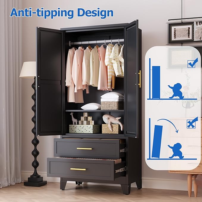 GAIOUS Steel Armoire Wardrobe Closet with Mirror, 71" Metal Clothes Storage Cabinets with 2 Doors, 1 Adjustable Shelf, 2 Drawers, Metal Wardrobe Cabinet with Hanging Rod for Bedroom, Gym, Cloak(Black)