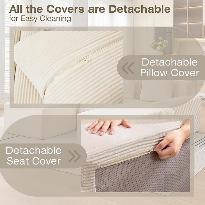 Modular Sectional Sofa, 6 Seat Modular Couch, Modular Sofa with Deep Seat and Detachable Pillow (White, 5 Pieces-U Shape)