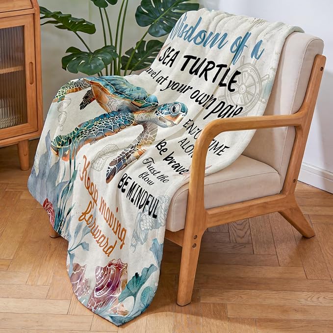 Positive Sea Turtle Gifts for Women Men, Flannel Soft Blanket Decor, Sea Turtle Gifts for Turtles Lovers, Inspirational Healing Gift for Friend Meditator Graduate - 50x60 inches