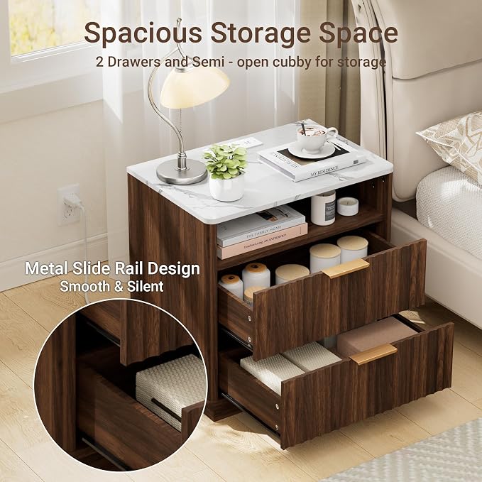 Fluted Nightstand, Night Stand Set 2, 23" Wide Walnut Nightstands Set of 2 with Charging Station & Faux Marble Top, 2 Drawer Large Wooden End Table, Bedside Table for Bedroom,Curved Corners - Image 6