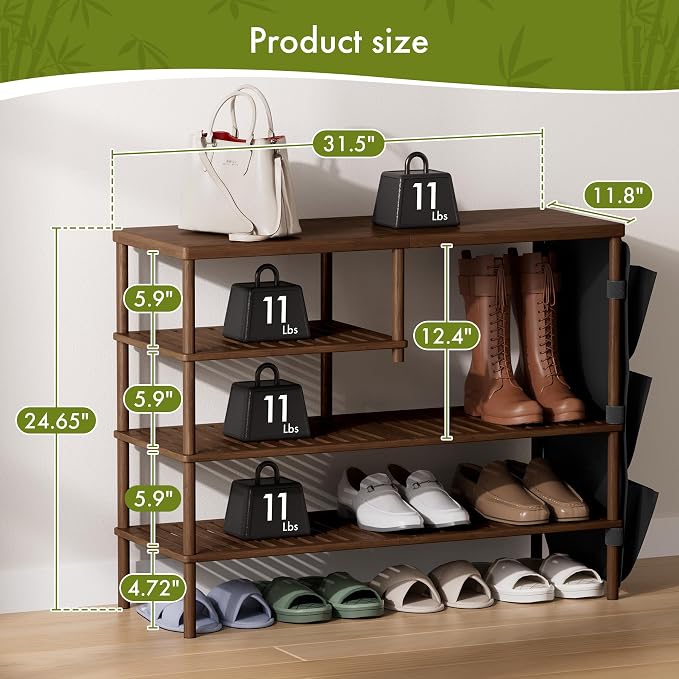 Bamboo Shoe Rack, 4 Tiers Shoe Organizer for Closet, Shoes Storage for 20-24 Pairs, Freestanding Shoe Shelf with Removable Pocket for Entryway Bedroom Front Door Dorm, Walnut Brown - Image 2