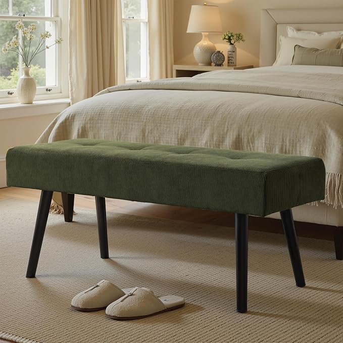 Comfy to go Entryway Bench - Green Bench for Bedroom, Modern Ottoman End of Bed, Corduroy Padded Benches for Living Room, Foyer, Mudroom, Hallway - 39" L x 14" W x 17" H by Comfytogo