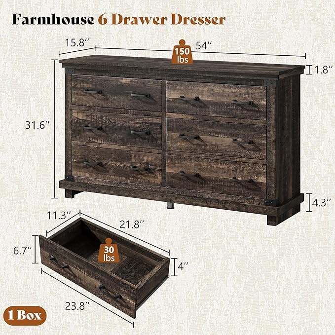 AMERLIFE 5 Pieces Farmhouse Bedroom Set, Includes Rustic Full Bed Frame with 54" Tall Headboard, 6 Drawer Dresser, 5 Drawer Tall Chest, Nightstands Set of 2 with Charging Station, Black Oak