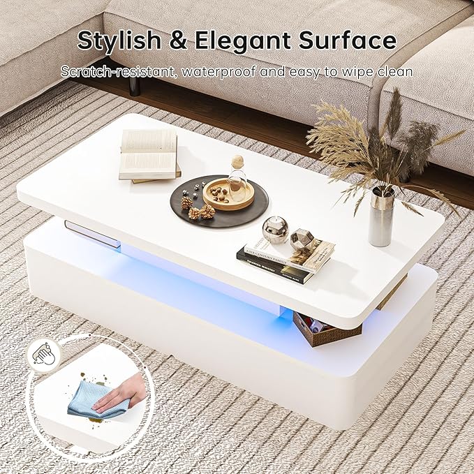 47" Modern Living Room Tables, LED Coffee Table with LED Lights, 2 Tier Rectangular Center Table with Large Storage, High Glossy Surface, Tea Table for Living Room, White