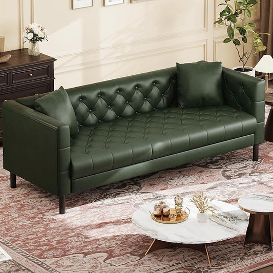 IDEALHOUSE 81" Mid-Century Modern Leather Sofa for Living Room, Chesterfield Sofa with Deep Seats and 2 Pillows, 3 Seater Couch with Button Tufted, Leather Couch for Apartment, Office, Green