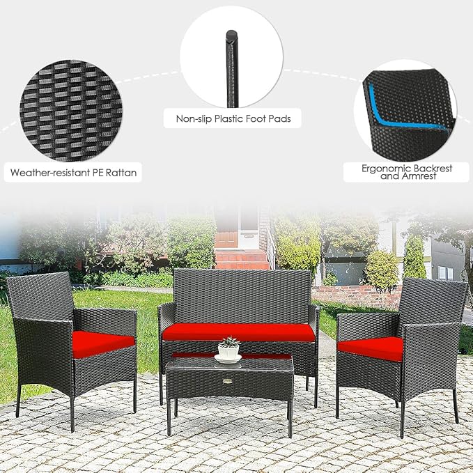4 Pieces Patio Furniture Set, Outdoor Conversation Set with Ergonomic Curved Backrest, Patio Chair Set with Water-Resistant Cushion & Tempered Glass Table for Balcony,Porch,Poolside (Red)