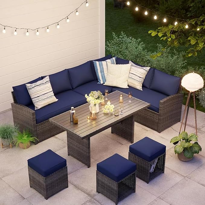 JOIVI 7 Piece Outdoor Patio Furniture Set, Patio Conversation Set with Aluminum Top Dining Table, Rattan Dining Sectional Sofa Set with Ottomans for Deck, Backyard, Navy Blue