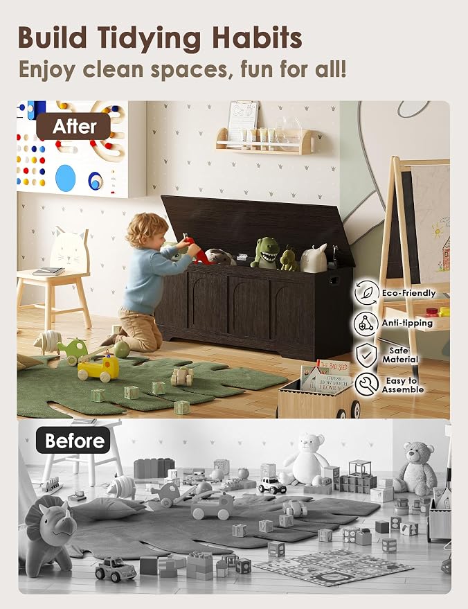 DINZI LVJ Storage Chest, 50” Extra Large Storage Bench with 2 Safety Hinges, Wooden Toy Box with Flip-Top, Large Trunk for Living Room, Playroom, Easy Assembly, Espresso - Image 7