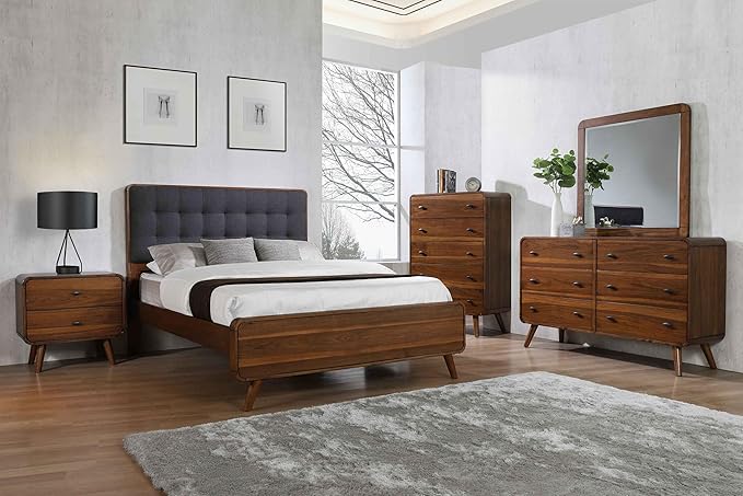 Coaster Home Furnishings Robyn Contemporary 5-Piece Bedroom Set Fabric Upholstered Eastern King Size Panel Bed Frame 53-inch Headboard Dark Walnut 205131KE-S5